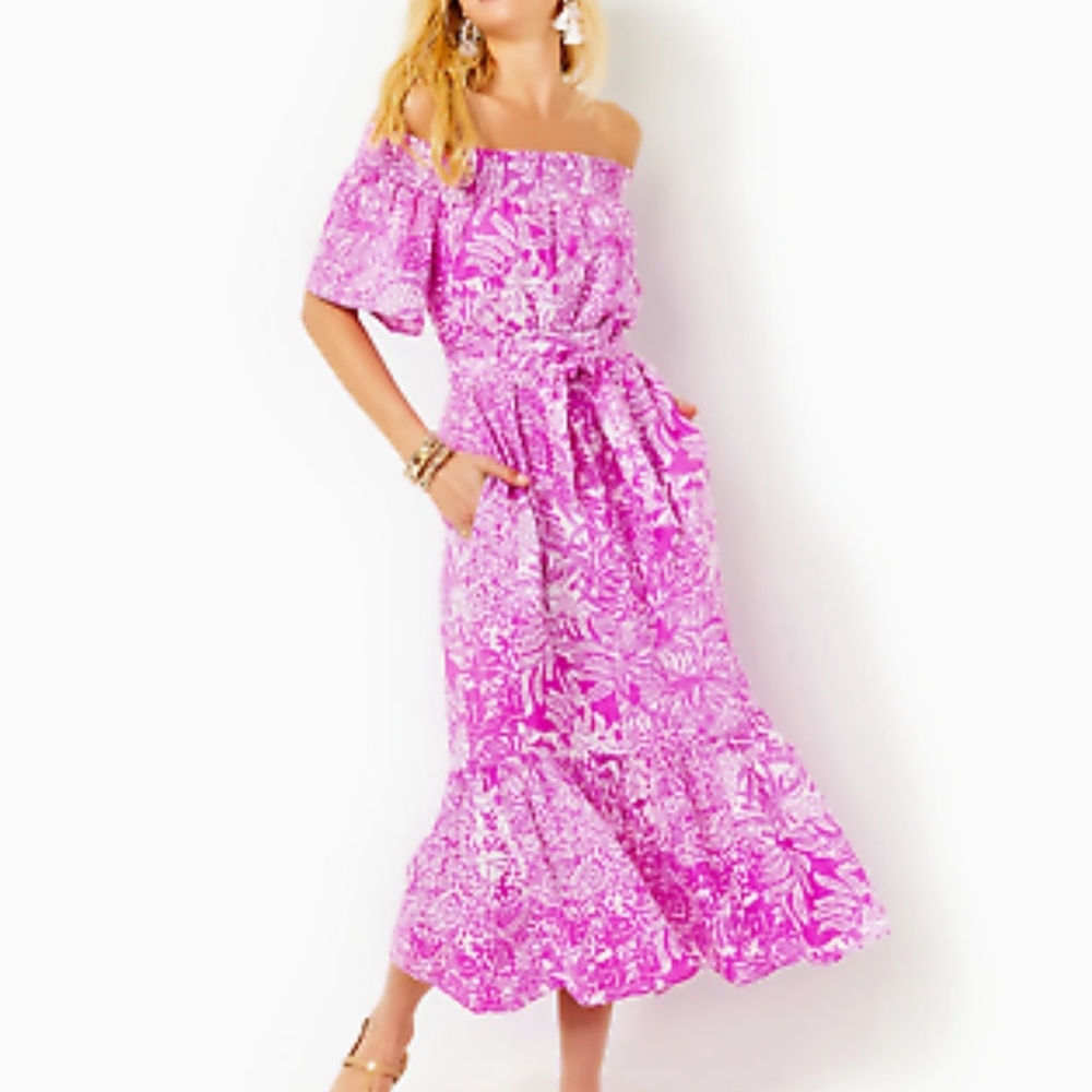 Lilly Pulitzer Floral Isbell Off-The-Shoulder Linen Midi Dress - Wild Fuchsia